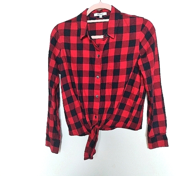 Madewell Red & Black Buffalo Plaid Tie Front Button Up Flannel Shirt Size Small - Picture 4 of 12